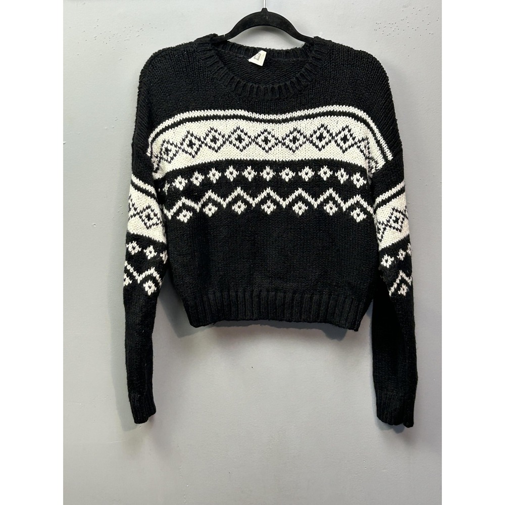 ME TO WE‎ Sweater Juniors XS Black Fair Isle Knit Pullover Crew Neck Long Sleeve